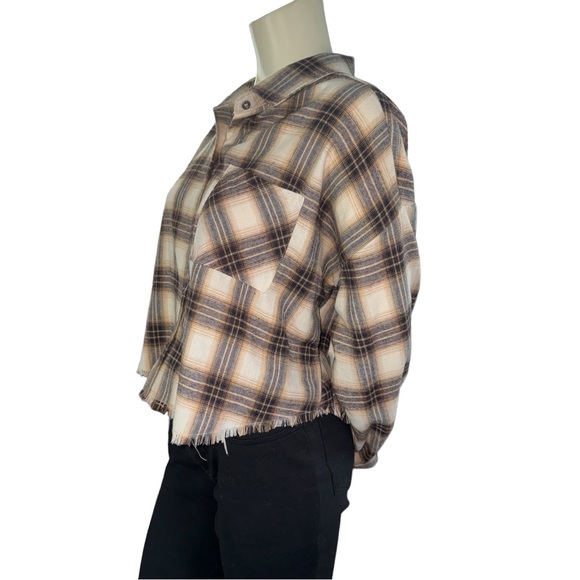 FADED ROSE CROP BROWN BEIGE & BLACK LONG SLEEVE BUTTON DOWN FLANNEL SIZE XL - Picture 7 of 17